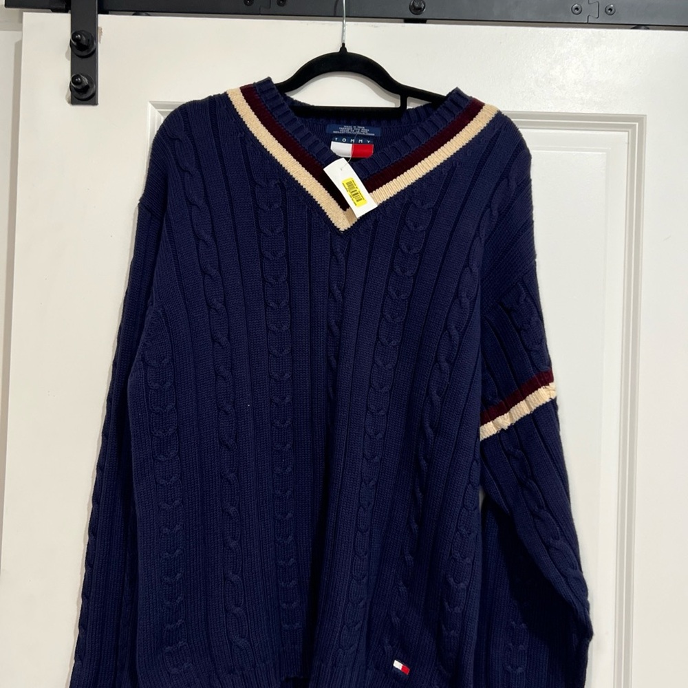 Tommy Hilfiger Blue and White V-Neck Sweater with Sporty Striped Accents